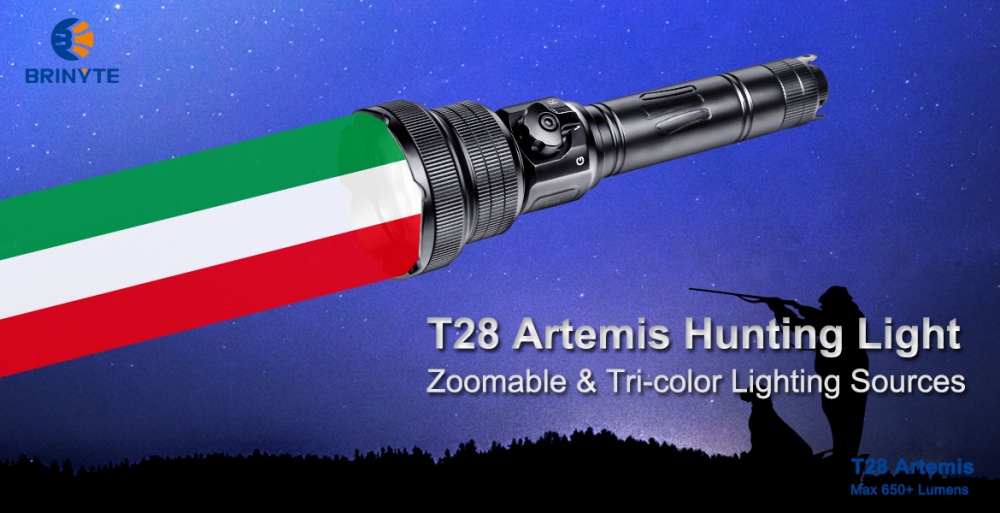 Brinyte T28 Artemis har tre farget lys etter ønske. 